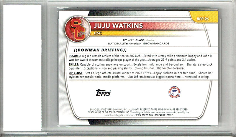 JuJu Watkins 2025 Bowman University Now #BPP-96 Rookie Card PGI 10 Gem Mint USC Trojans