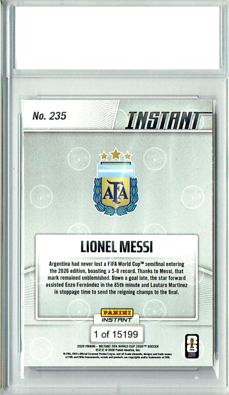 Lionel Messi Trading Card 2026 Panini Instant #235 Assists Back to Final, PGI 10, Argentina Soccer
