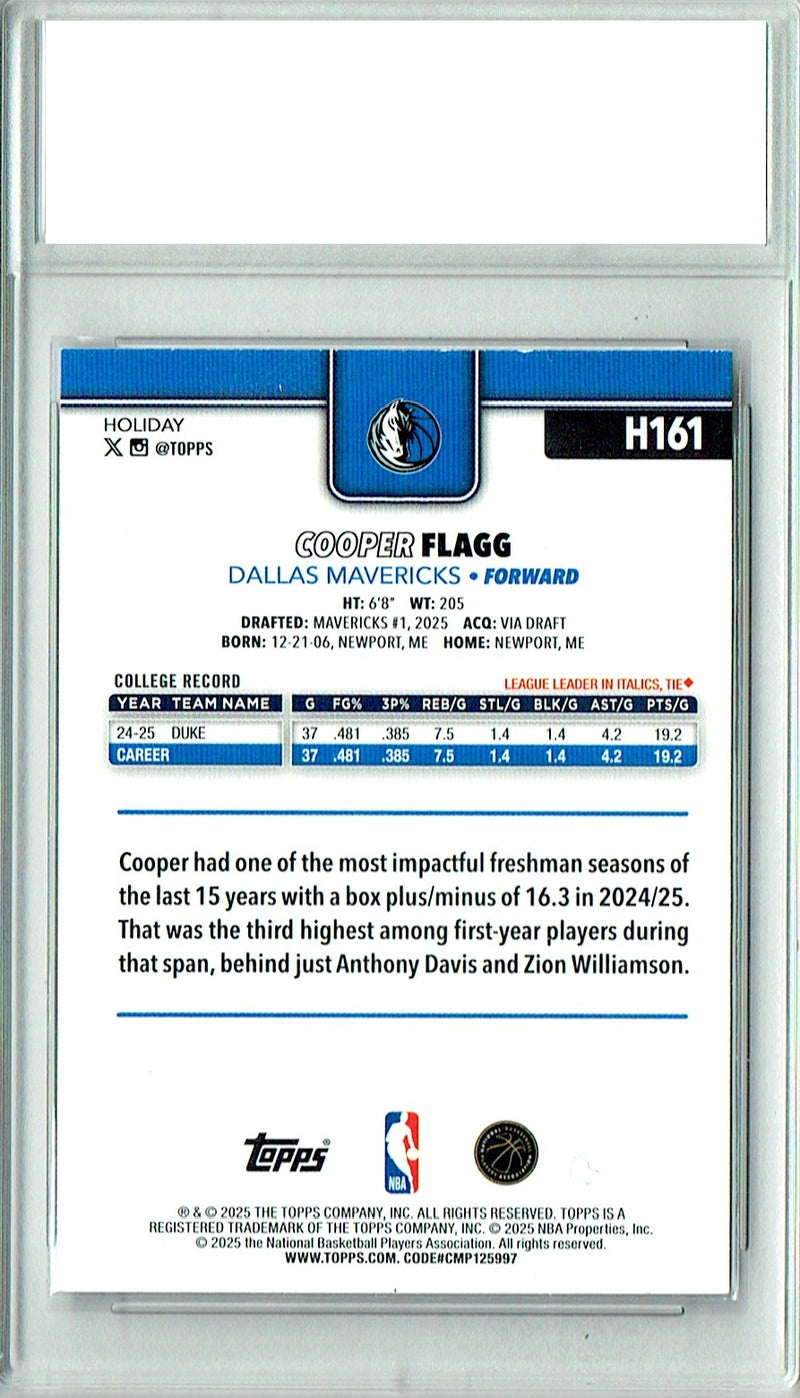 Cooper Flagg Rookie Card 2025 Topps #H161 Holiday Glitter SP, PGI 10, Dallas Mavericks Basketball