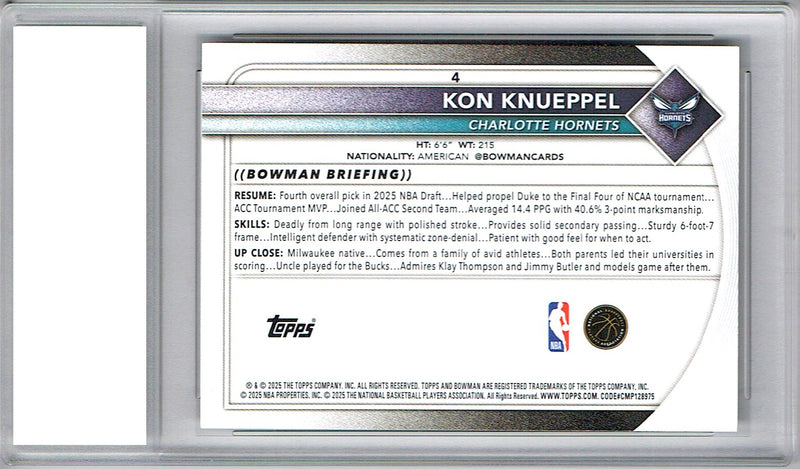 Kon Knueppel Rookie Card 2025 Bowman #4, PGI 10, Charlotte Hornets Basketball