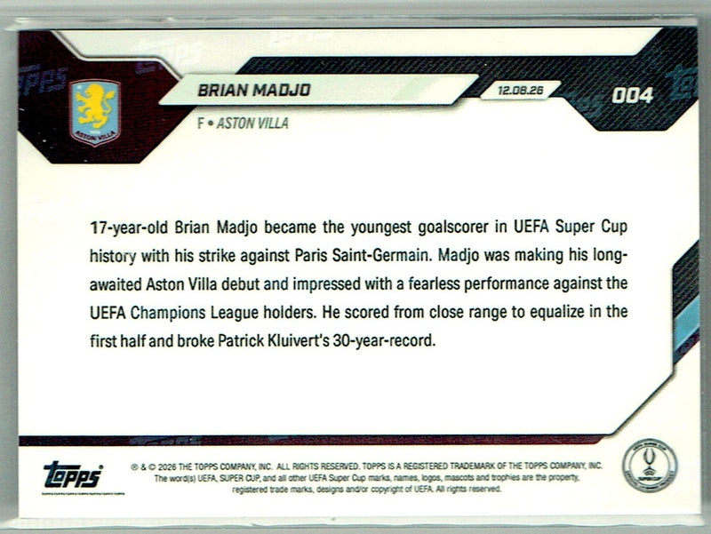 Brian Madjo Trading Card 2026 Topps #4 Gold SSP #10/25, Mint Condition, Aston Villa Soccer