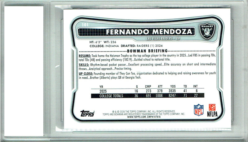 Fernando Mendoza Rookie Card 2026 Topps #301 Glitter, PGI 10, Las Vegas Raiders Football
