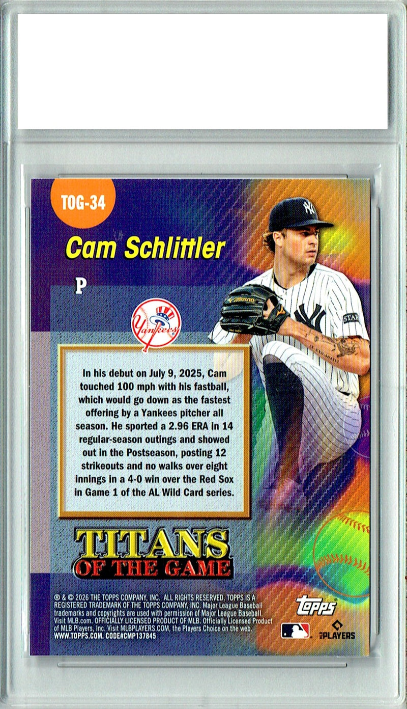 Cam Schlittler Rookie Card 2026 Topps #TOG-34 Titans of the Game, PGI 10, New York Yankees Baseball