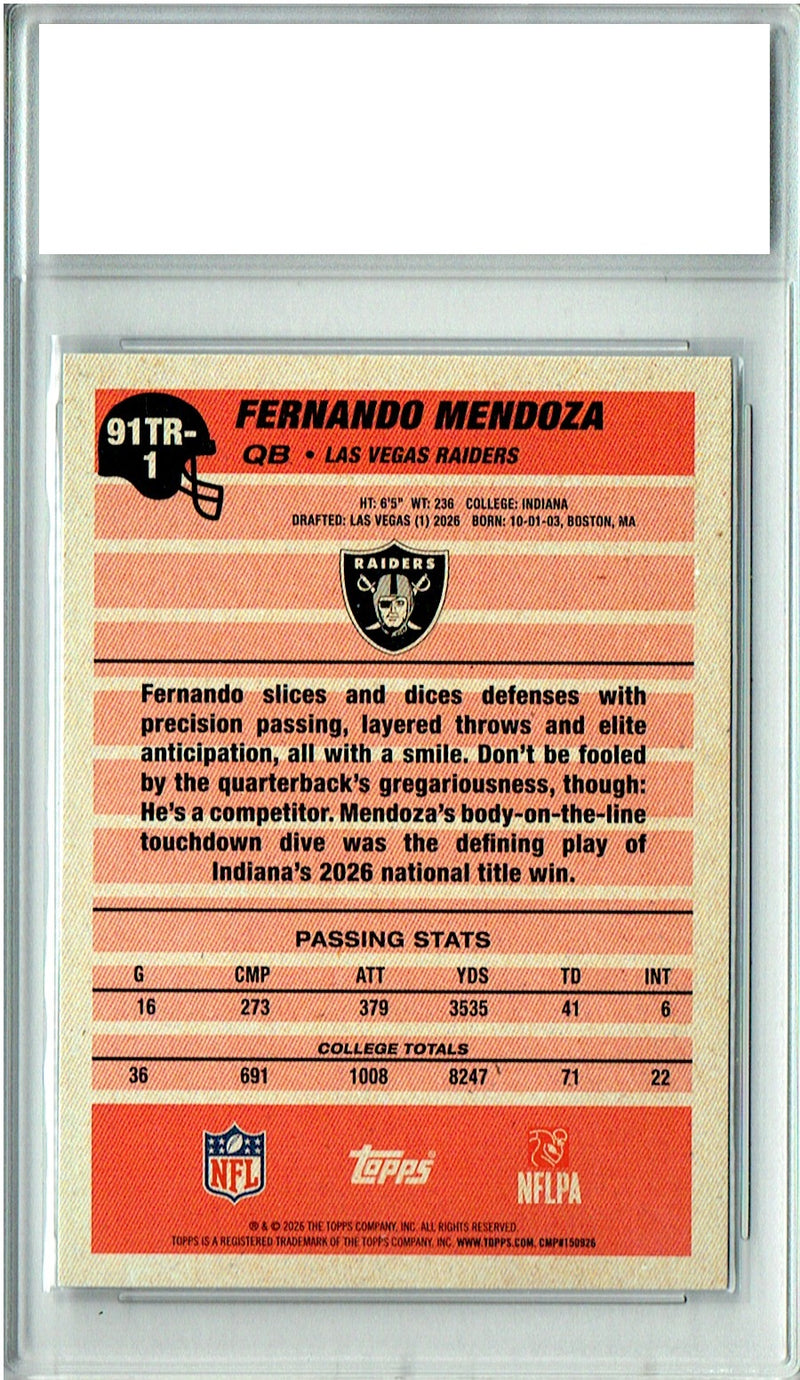 Fernando Mendoza Rookie Card 2026 Topps #91TR-1 Crackle Foil, PGI 10, Las Vegas Raiders Football