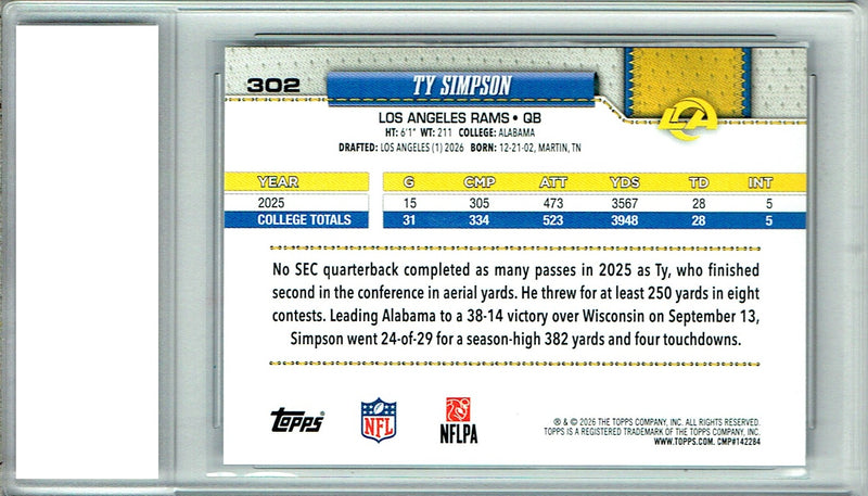 Ty Simpson Rookie Card 2026 Topps #302 Crackle Foil, PGI 10, Los Angeles Rams Football