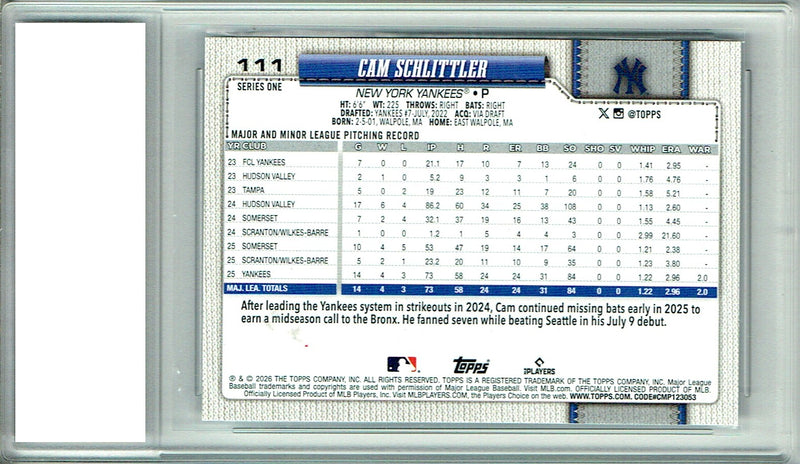 Cam Schlittler Rookie Card 2026 Topps #111 Flagship, PGI 10, New York Yankees Baseball