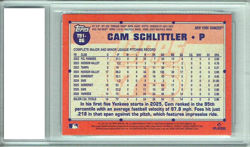 Cam Schlittler Rookie Card 2026 Topps #T91-86 1991 Throwback SP, PGI 10, New York Yankees Baseball