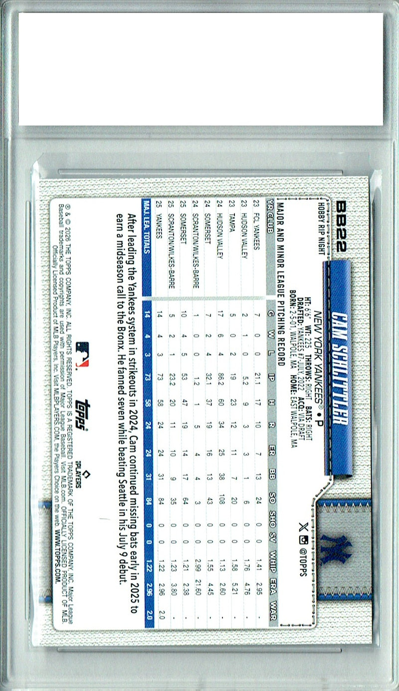 Cam Schlittler Rookie Card 2026 Topps #BB22 Rip Night Special Edition, PGI 10, New York Yankees Baseball