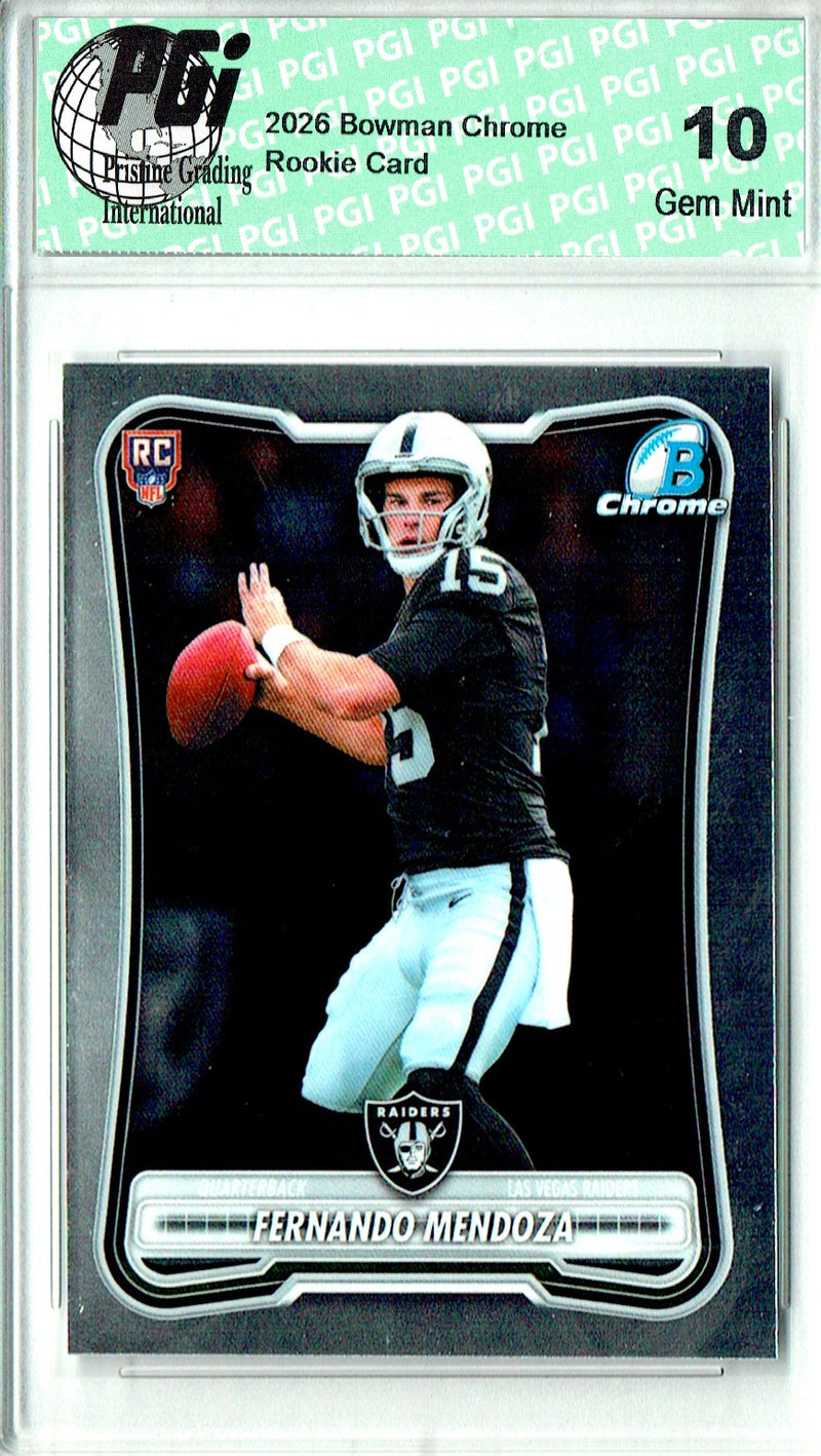 Fernando Mendoza Rookie Card 2026 Bowman Chrome #BCV-101, PGI 10, Las Vegas Raiders Football