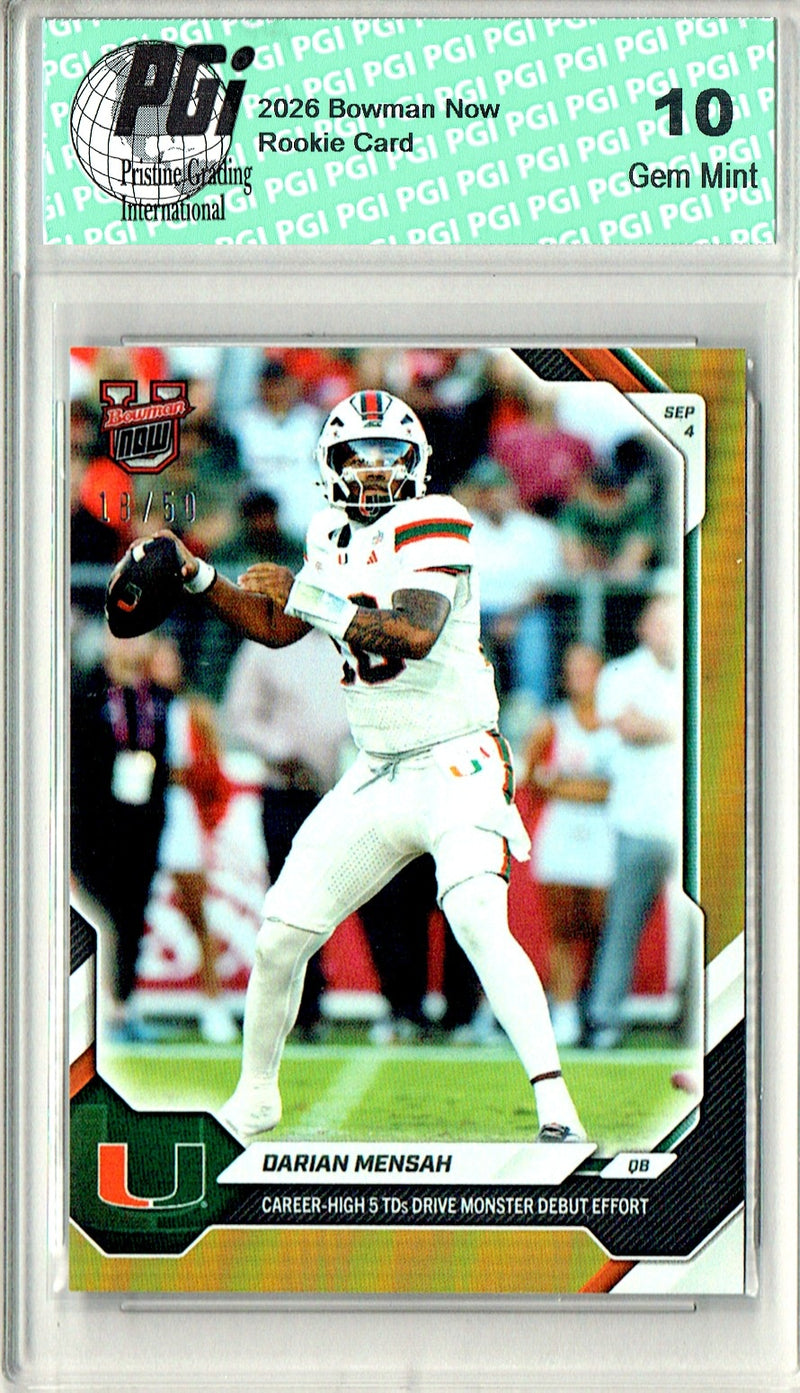 Darian Mensah Rookie Card 2026 Bowman University Now #1 Gold SP #18/50, PGI 10, Miami Hurricanes