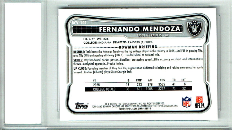 Fernando Mendoza Rookie Card 2026 Bowman Chrome #BCV-101, PGI 10, Las Vegas Raiders Football