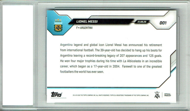 Lionel Messi Trading Card 2026 Topps Now #1 Retires, End of an Era, PGI 10, Argentina Soccer Legend