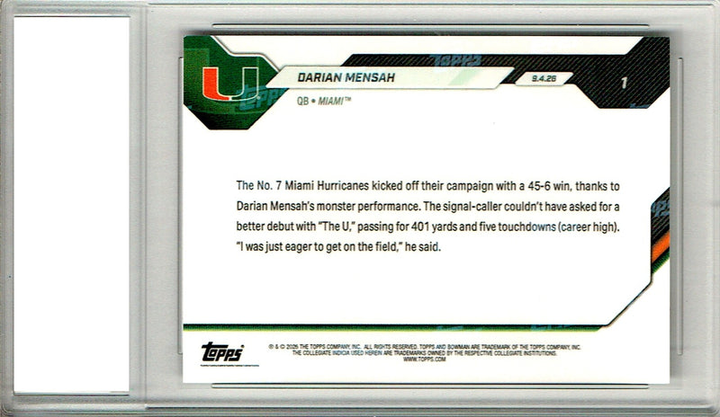 Darian Mensah Rookie Card 2026 Bowman University Now #1 Gold SP #18/50, PGI 10, Miami Hurricanes