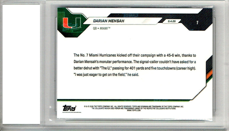 Darian Mensah Rookie Card 2026 Bowman University Now #1 5 TD Monster Debut, Certified Mint+ Condition, Miami Hurricanes