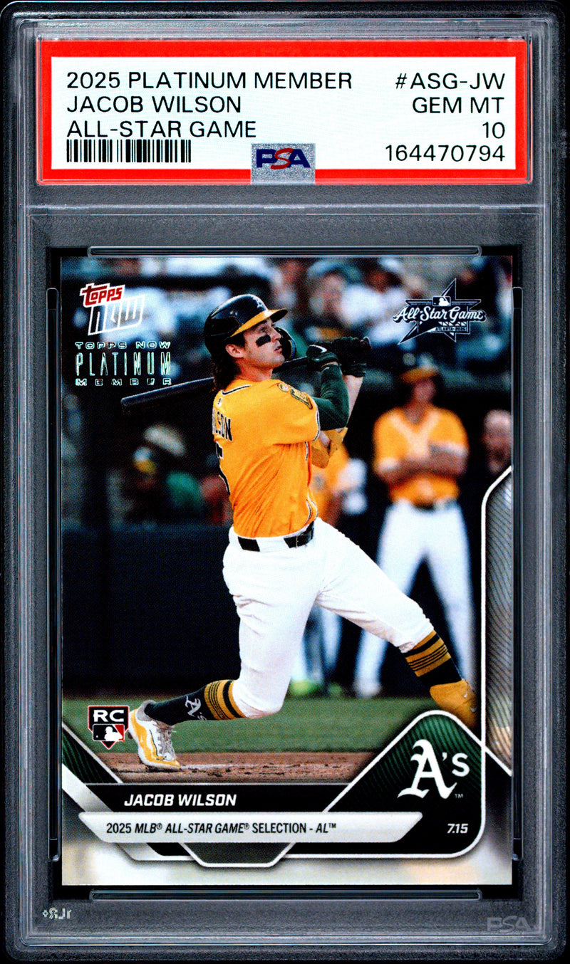 Jacob Wilson Rookie Card 2025 Topps Now #ASG-JW Platinum Member, PSA 10, Oakland Athletics Baseball