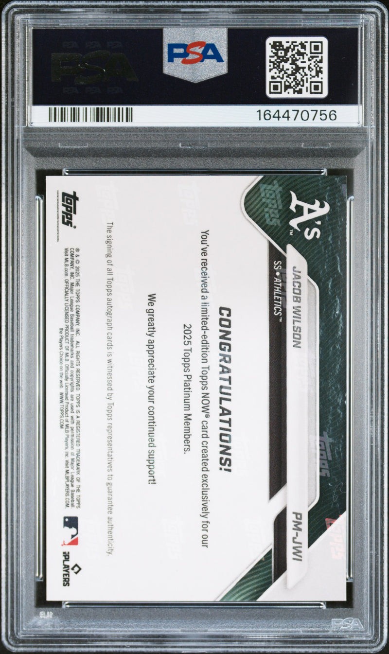 Jacob Wilson Rookie Card 2025 Topps Now #PM-JWI Platinum Member Auto, PSA 8, Oakland Athletics Baseball