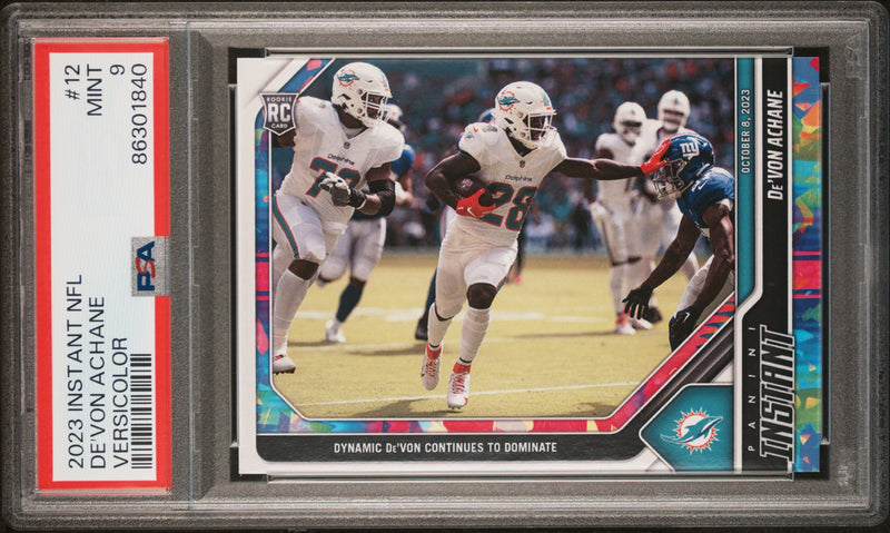 PSA 9 De'Von Achane 2023 Panini Instant #12 Versicolor #1 of 5 Rookie Card Miami Dolphins