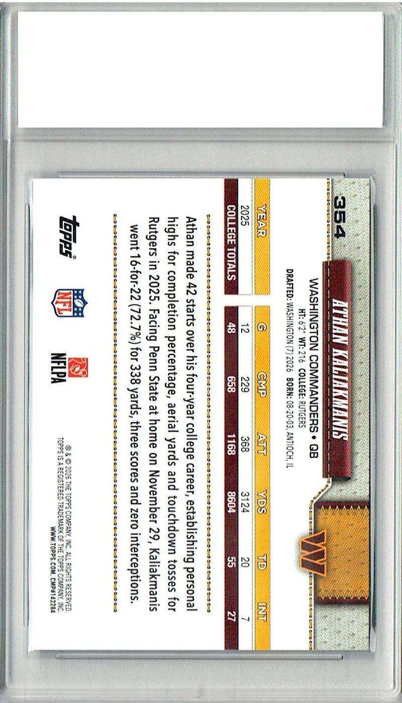 Athan Kaliakmanis Rookie Card 2026 Topps #354 Flagship, PGI 10, Washington Commanders Football