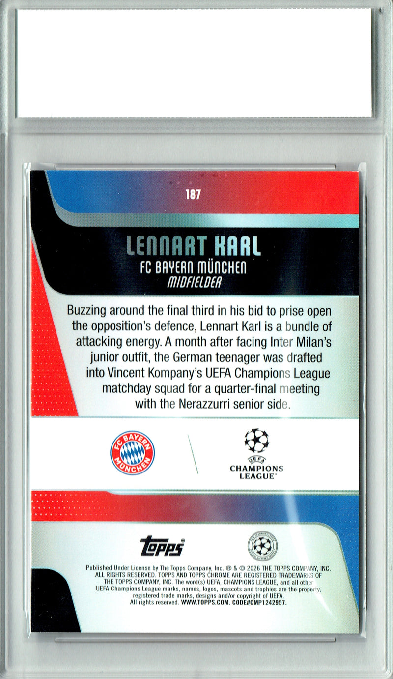 Lennart Karl Rookie Card 2025 Topps Chrome #187, PGI 10, FC Bayern Munchen Soccer