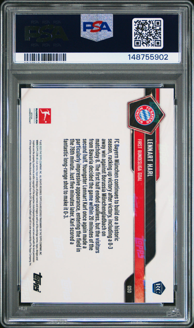 PSA 9 Lennart Karl 2025 Topps Now #50 Gold Foil #24/50 Rookie Card FC Bayern Munchen