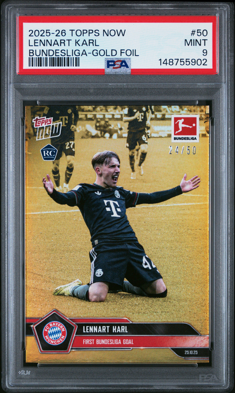 PSA 9 Lennart Karl 2025 Topps Now #50 Gold Foil #24/50 Rookie Card FC Bayern Munchen