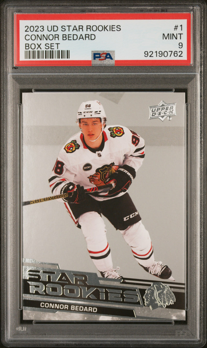 PSA 9 Connor Bedard 2023 Upper Deck #1 Star Rookies Rookie Card Chicago Blackhawks