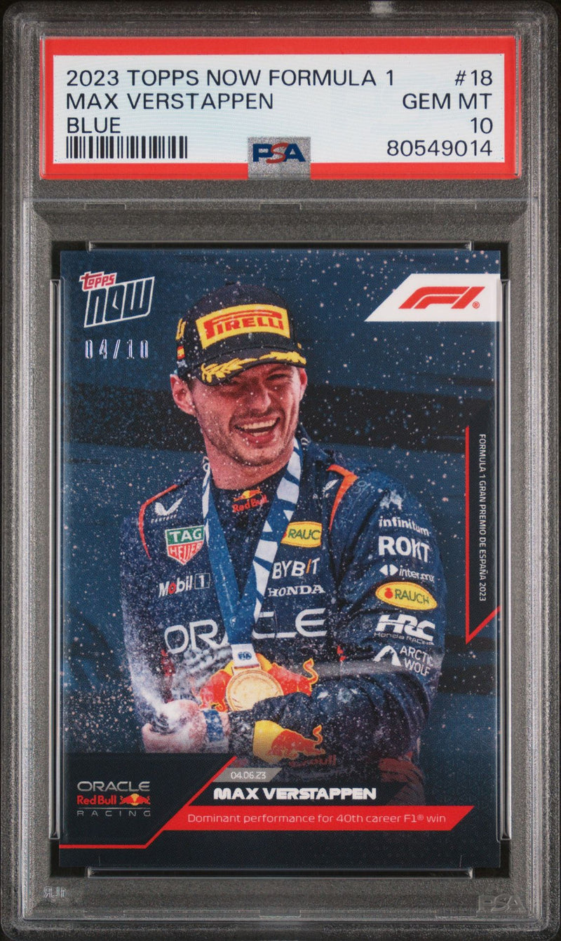 PSA 10 Max Verstappen 2023 Topps Now #18 Blue SP #4/10 Made Rare Trading Card