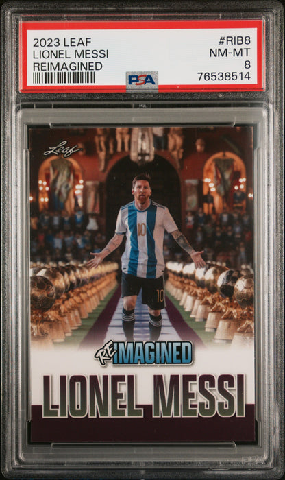 PSA 8 NM-MT Lionel Messi 2023 Leaf #RIB8 Rare Trading Card Trophies Reimagined #1/632