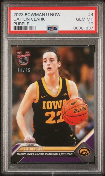 PSA 10 Caitlin Clark 2023 Bowman University Now #4 Purple SP #10/25 Rookie Card