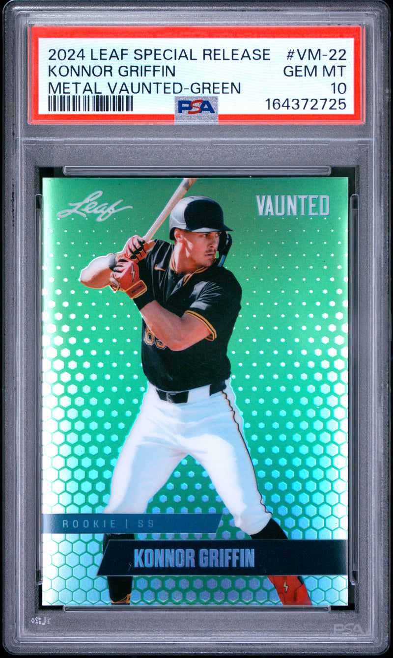 Konnor Griffin Rookie Card 2024 Leaf Vaunted Metal #VM-22 Green SP #5/5, PSA 10, Pittsburgh Baseball
