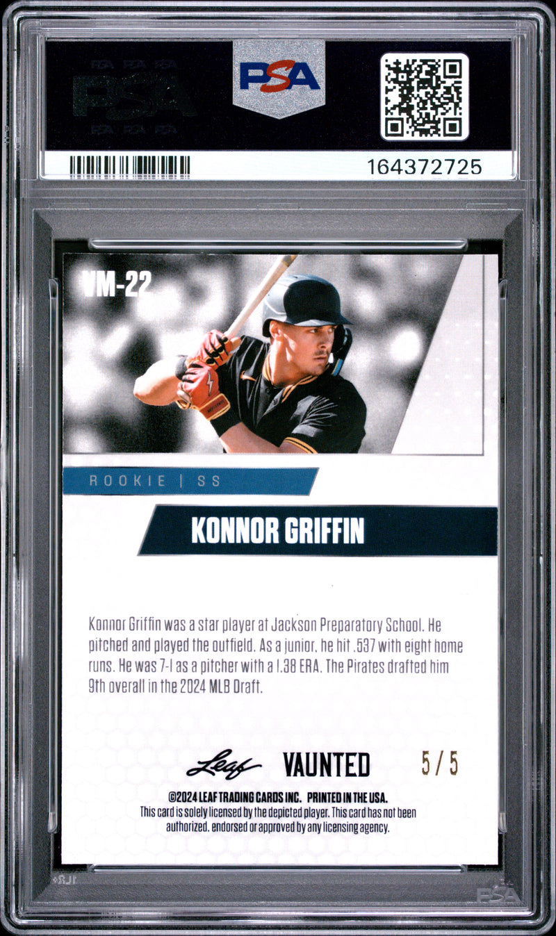 Konnor Griffin Rookie Card 2024 Leaf Vaunted Metal #VM-22 Green SP #5/5, PSA 10, Pittsburgh Baseball