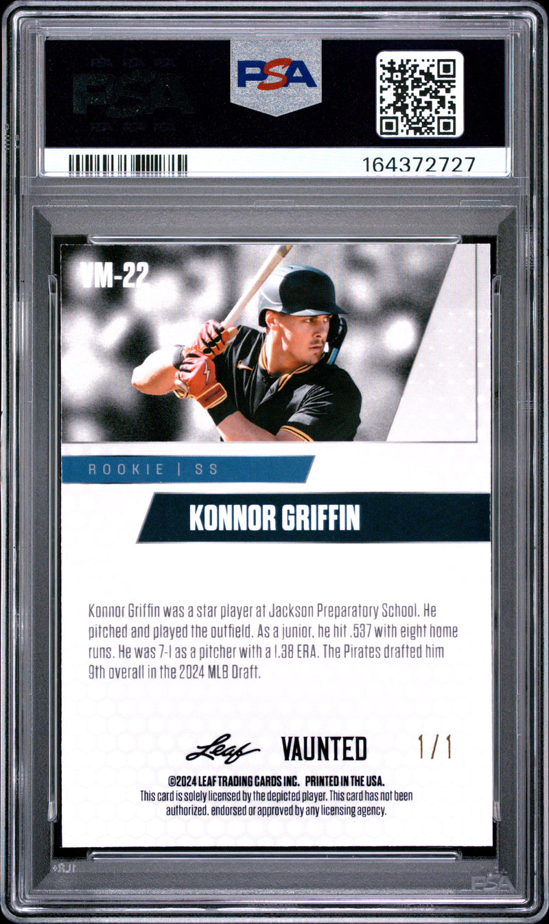 Konnor Griffin Rookie Card 2024 Leaf Vaunted Metal #VM-22 Gold 1/1, PSA 9, Pittsburgh Baseball