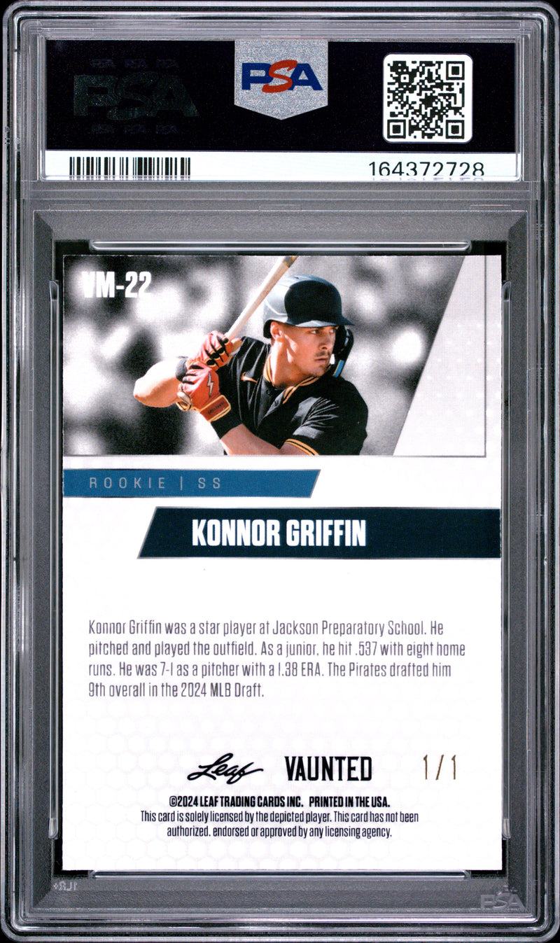 Konnor Griffin Rookie Card 2024 Leaf Vaunted Metal #VM-22 Platinum 1/1, PSA 9, Pittsburgh Baseball