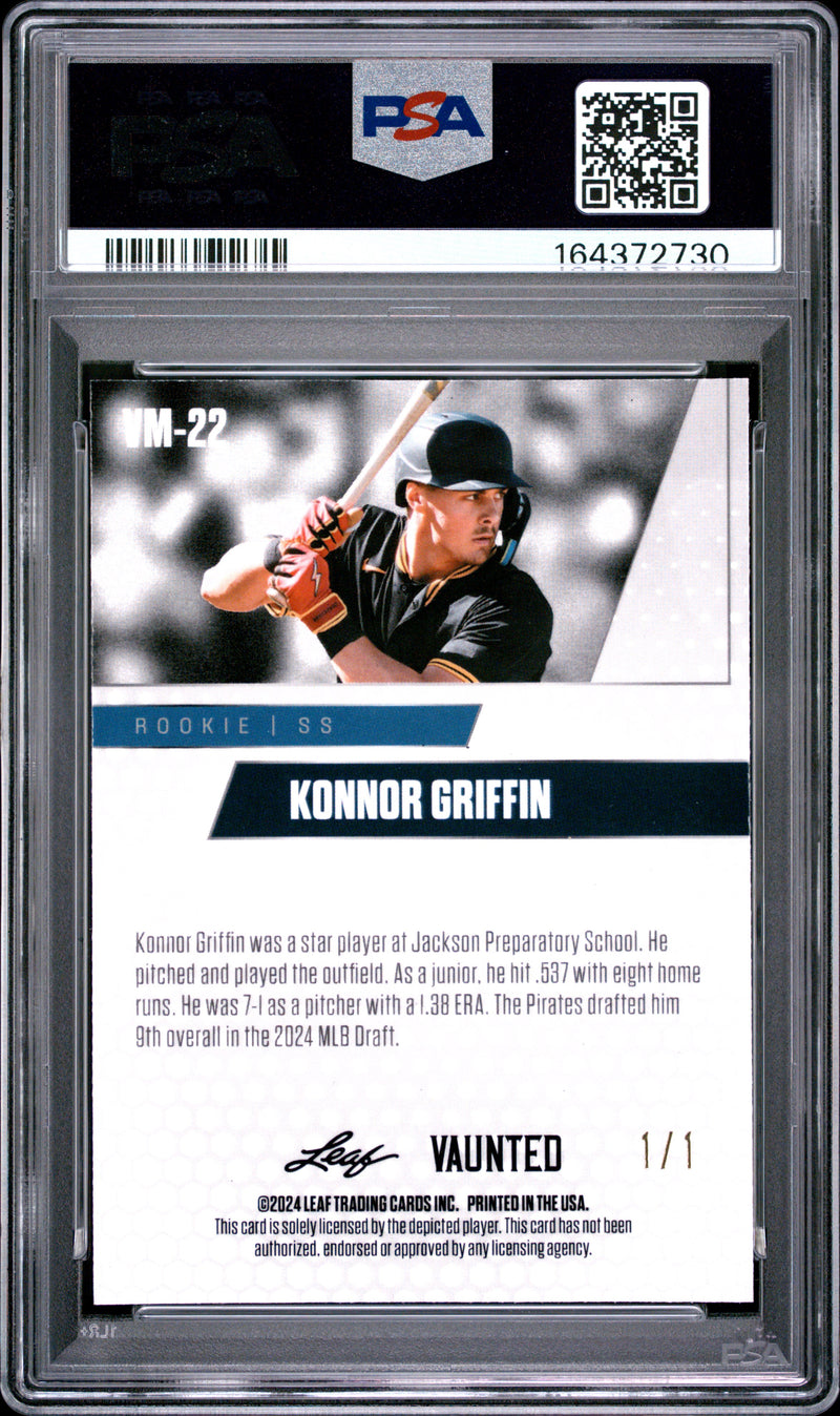 Konnor Griffin Rookie Card 2024 Leaf Vaunted Metal #VM-22 Neon 1/1, PSA 9, Pittsburgh Baseball