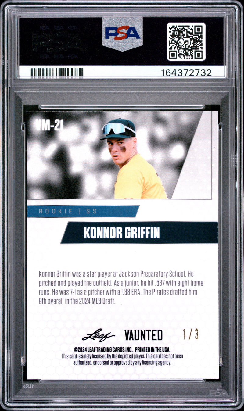 Konnor Griffin Rookie Card 2024 Leaf Vaunted Metal #VM-21 Orange The #1/3, PSA 10, Pittsburgh Baseball