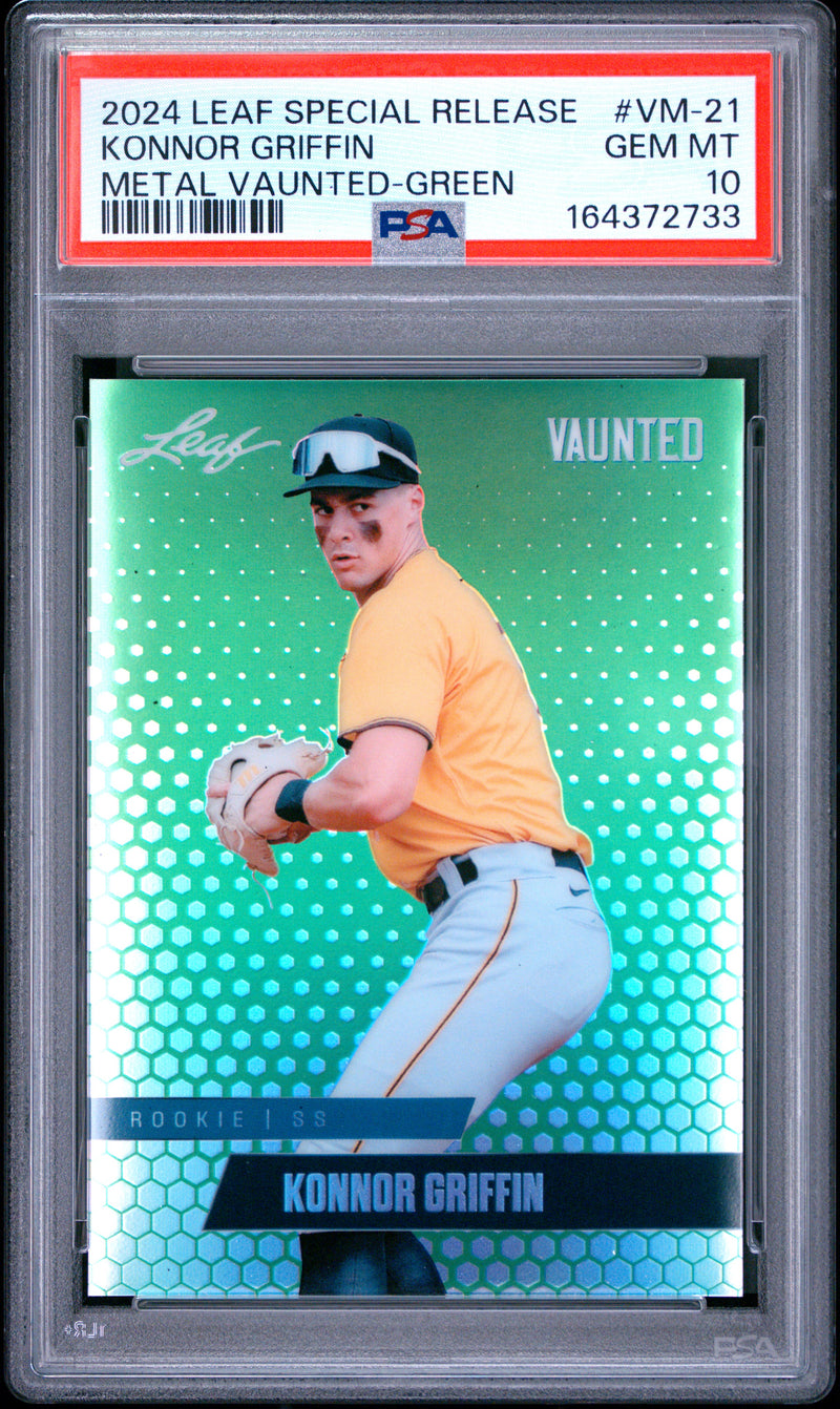 Konnor Griffin Rookie Card 2024 Leaf Vaunted Metal #VM-21 Green The #1/5, PSA 10, Pittsburgh Baseball