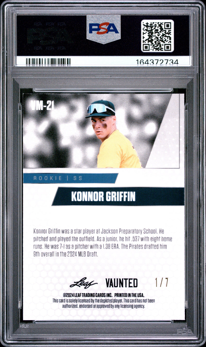 Konnor Griffin Rookie Card 2024 Leaf Vaunted Metal #VM-21 Black The #1 of 7, PSA 9, Pittsburgh Baseball