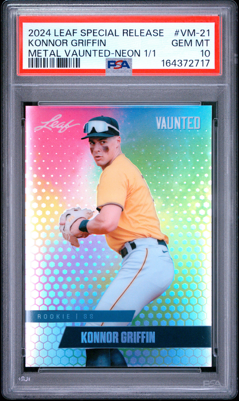 Konnor Griffin Rookie Card 2024 Leaf Vaunted Metal #VM-21 Neon 1/1, PSA 10, Pittsburgh Baseball