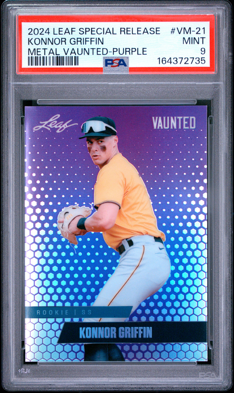 Konnor Griffin Rookie Card 2024 Leaf Vaunted Metal #VM-21 Purple The #1 of 15, PSA 9, Pittsburgh Baseball