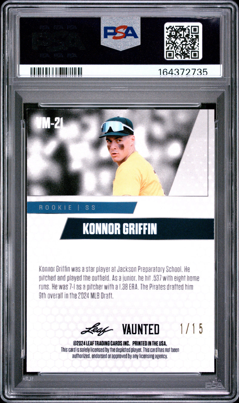 Konnor Griffin Rookie Card 2024 Leaf Vaunted Metal #VM-21 Purple The #1 of 15, PSA 9, Pittsburgh Baseball