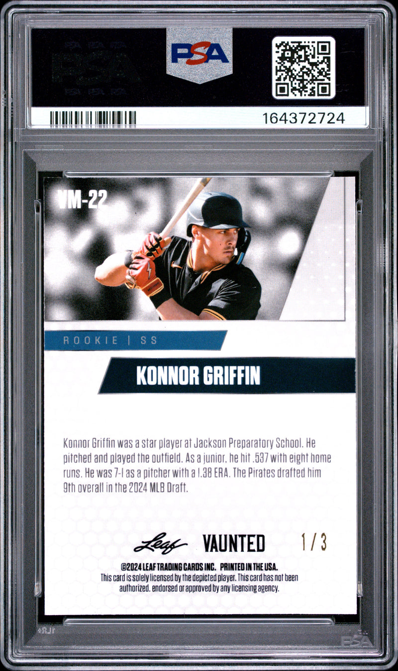 Konnor Griffin Rookie Card 2024 Leaf Vaunted Metal #VM-22 Orange The #1/3, PSA 10, Pittsburgh Baseball