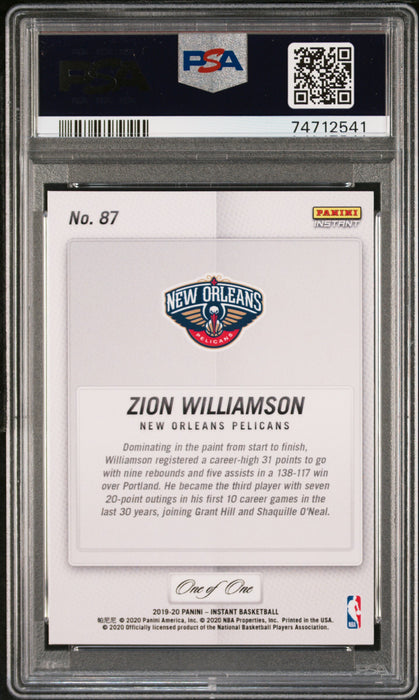 PSA 10 GEM-MT Zion Williamson 2019 Panini Instant #87 Rookie Card Black 1/1 Career High