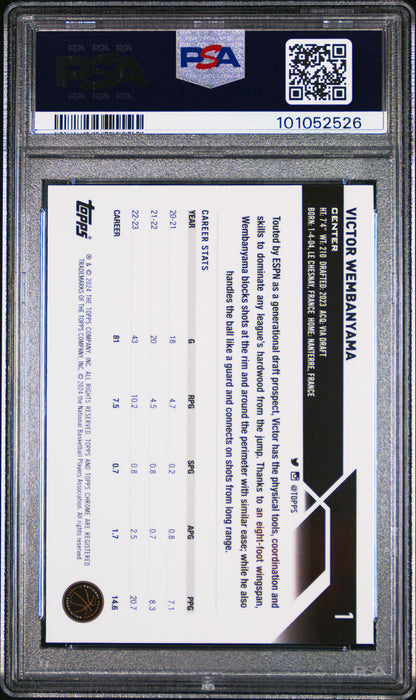 PSA 9 Victor Wembanyama 2024 Topps Chrome #1 Spurs Rookie Card