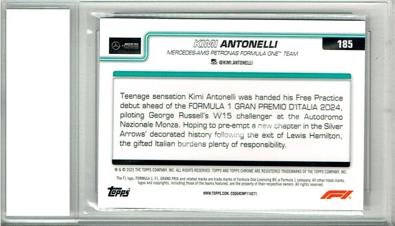 Kimi Antonelli Rookie Card 2025 Topps Chrome #185, PGI 10, Mercedes Racing