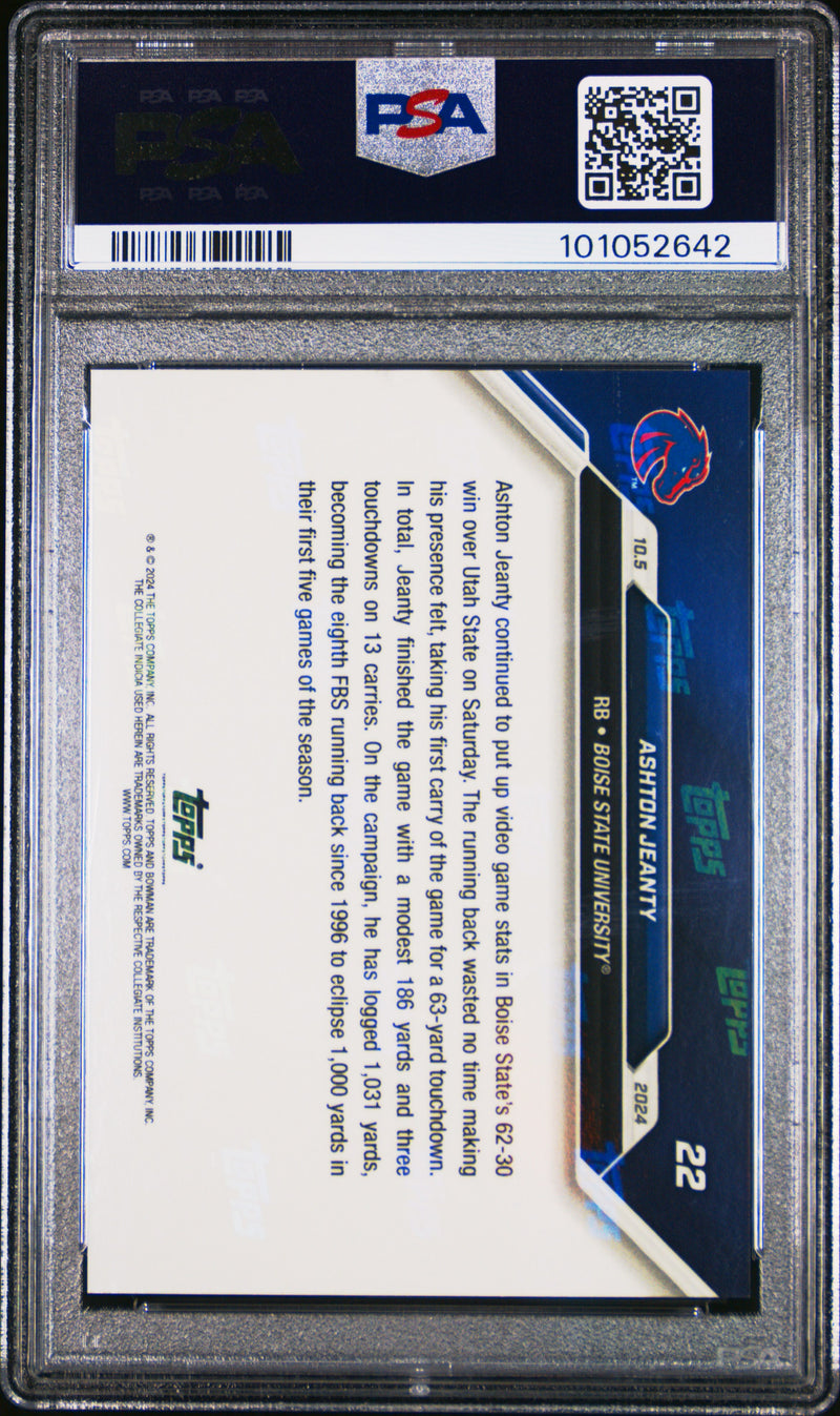 PSA 10 Ashton Jeanty 2024 Bowman University Now #22 Most Yards Rookie Card Boise State Broncos