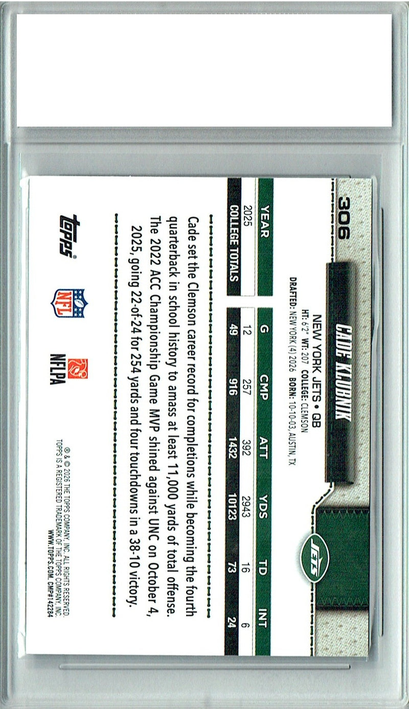 Cade Klubnik Rookie Card 2026 Topps #306 Flagship, Certified Mint+ Condition, New York Jets Football