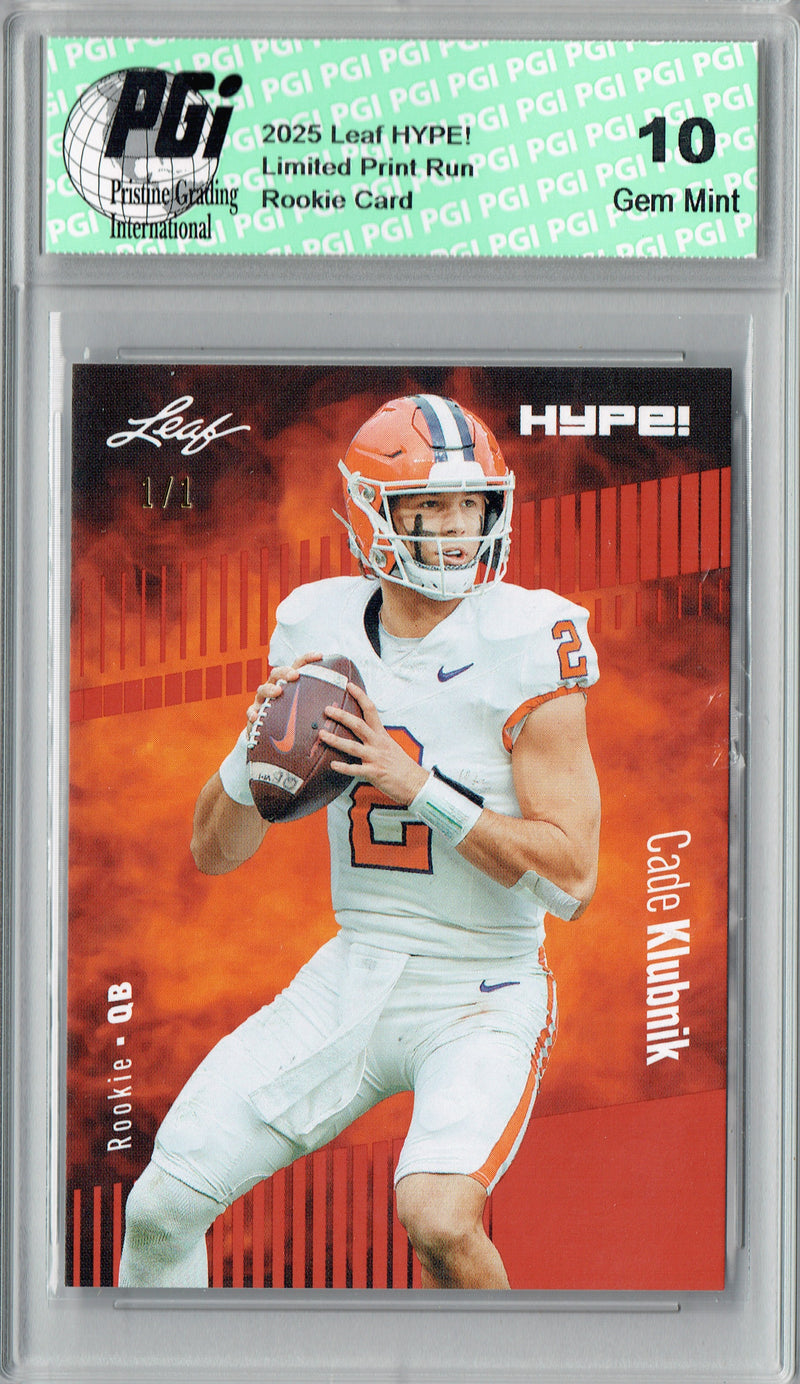 Cade Klubnik Rookie Card Clemson / New York PGI 10 Football Trading Card 2025 Leaf HYPE! #181 Orange Blank Back 1/1