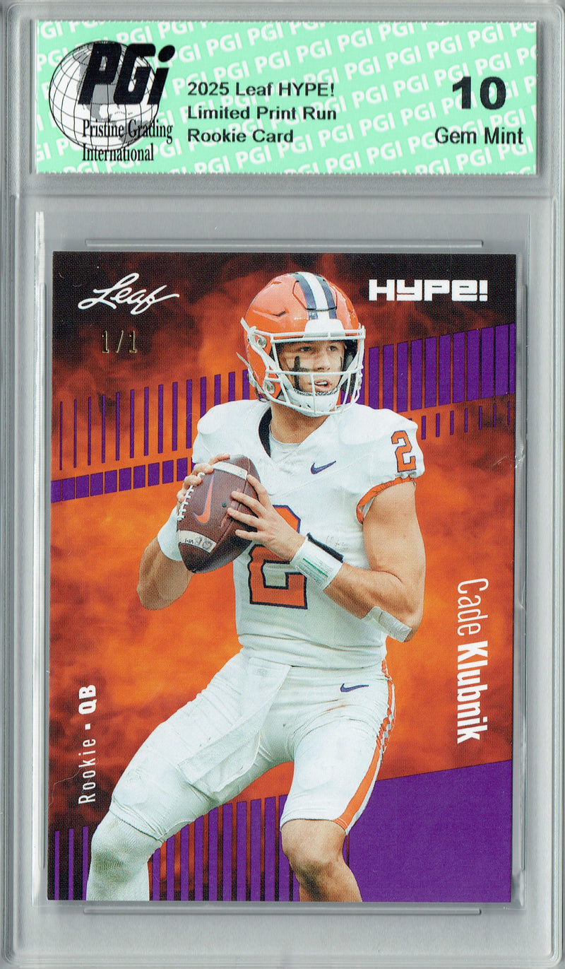 Cade Klubnik Rookie Card Clemson / New York PGI 10 Football Trading Card 2025 Leaf HYPE! #181 Purple Blank Back 1/1