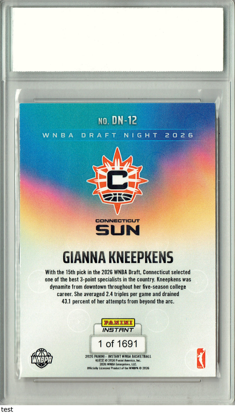 Gianna Kneepkens Rookie Card Connecticut Sun 2026 WNBA Draft Night #DN-12 1 of 1691 PGI 10 Gem Mint Trading Card