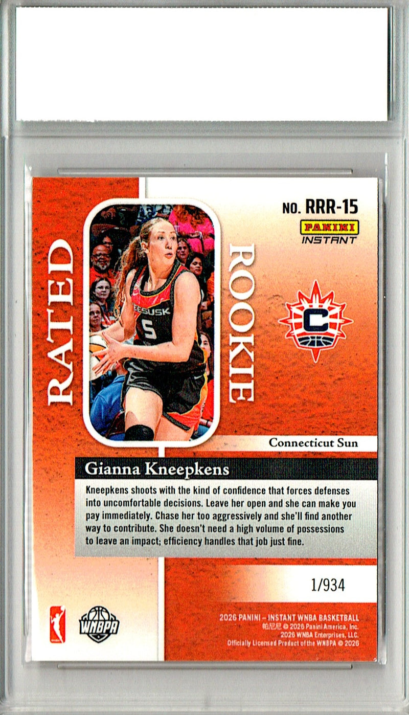 Gianna Kneepkens Rookie Card 2026 Panini Instant #RRR-15 Rated Rookie, PGI 10, Connecticut Sun Basketball